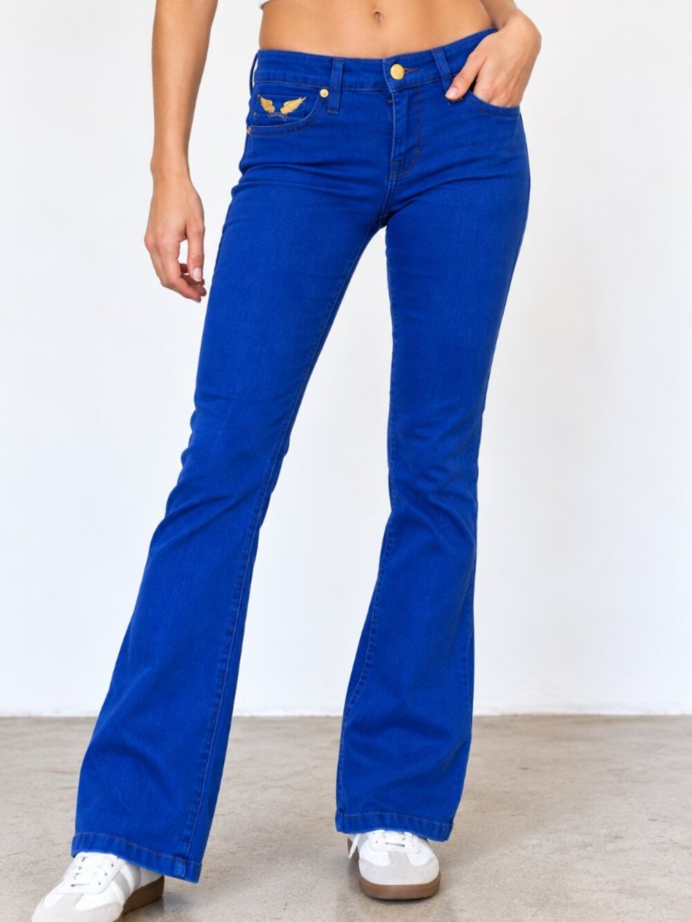 Robin's Jean Marilyn Cobalt Blue Gold Wing Bootcut Jeans Y2K McBling 25